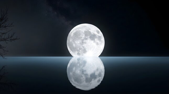 Minimalist night landscape featuring a giant bright full moon touching the horizon with a perfect symmetrical reflection on calm still water surface.