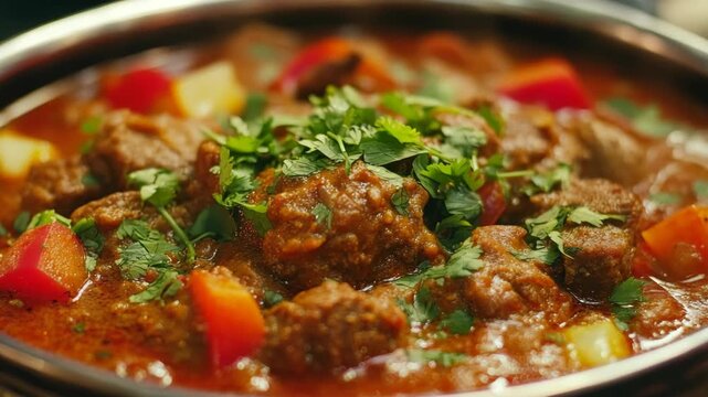 A rich and savory beef curry with herbs, served in a rustic cast iron pan.