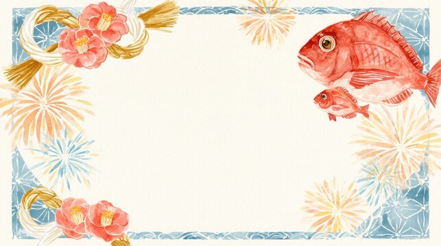 Japanese New Year Celebration with Red Snapper and Fireworks Illustration.