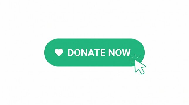 Donate Now green web button with heart icon, charity donation call to action interface element, mouse cursor clicking on fundraising button