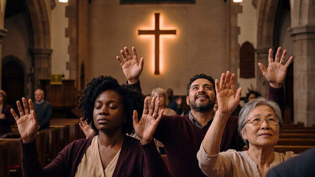 Diverse worshippers raising hands in praise before a glowing cross inside a church, spiritual joy