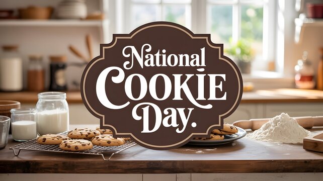 National cookie day graphic featuring a vintage label design placed over a rustic home kitchen counter background