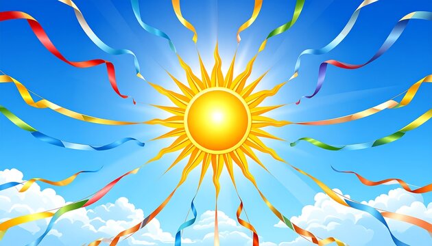 Radiant sunburst with flowing blue and white ribbons.