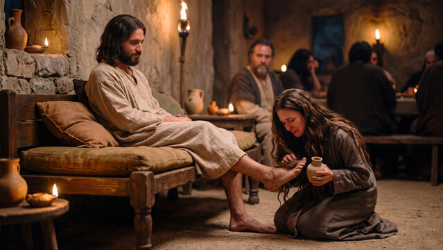 Woman anointing Jesus feet with perfume in an ancient stone room, depicting a biblical story of devotion