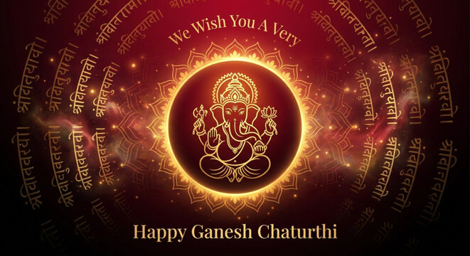 Glowing Lord Ganesha Sacred Emblem with Circular Script Design for Ganesh Chaturthi Greeting Banner