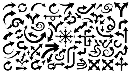 Obraz premium Arrow symbols set with black and white directional indicators featuring straight, curved, and angled arrows with minimalist design and geometric shapes