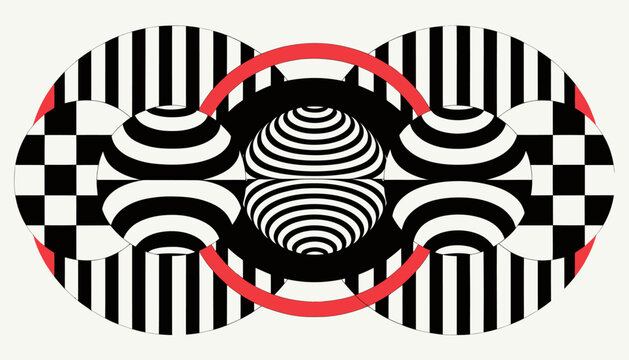 Abstract geometric pattern with optical illusions and striped circles