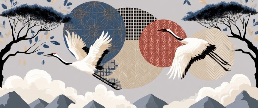 Two cranes flying in front of abstract circles and trees, Japanese art style.