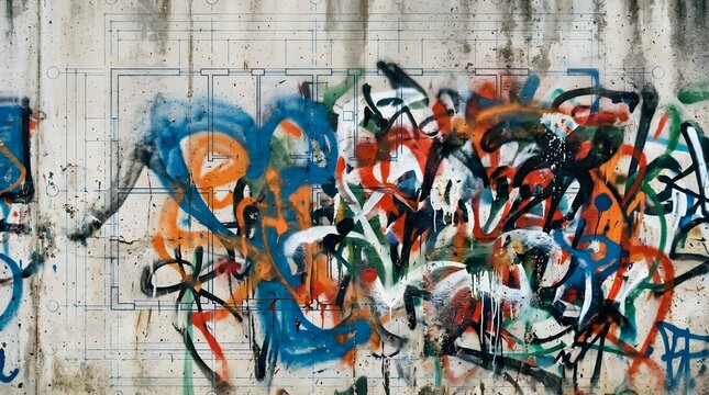 Urban street art spray paint grunge on an architectural layout grid