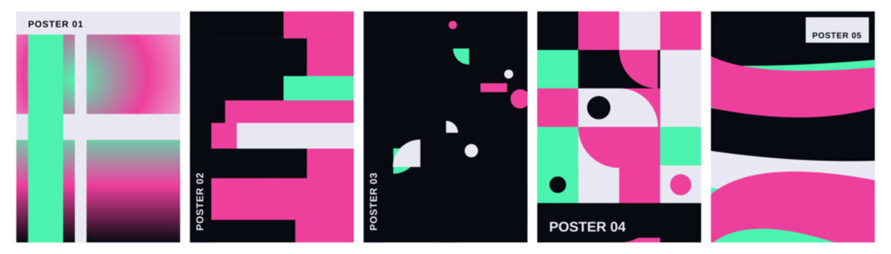 Set of five modern minimalist posters featuring geometric shapes and abstract gradients in vibrant pink, green, and