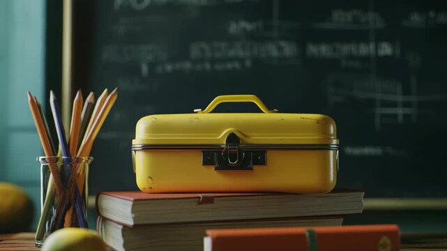 An old yellow suitcase on a wooden school desk filled with books.