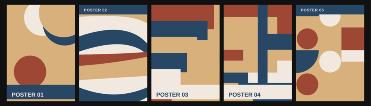 Set of five abstract posters featuring geometric shapes in terracotta blue and beige with minimal composition layout