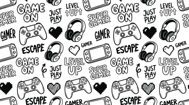 Seamless pattern with typography clean white background displays repetitive seamless pattern composed hand art hearts typography hand drawn gaming