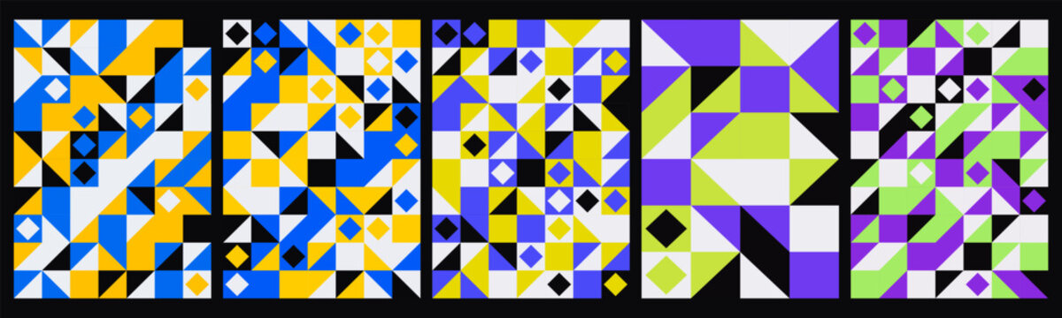 Abstract geometric art patterns featuring colorful triangles squares and diamonds arranged in a vibrant mosaic layout