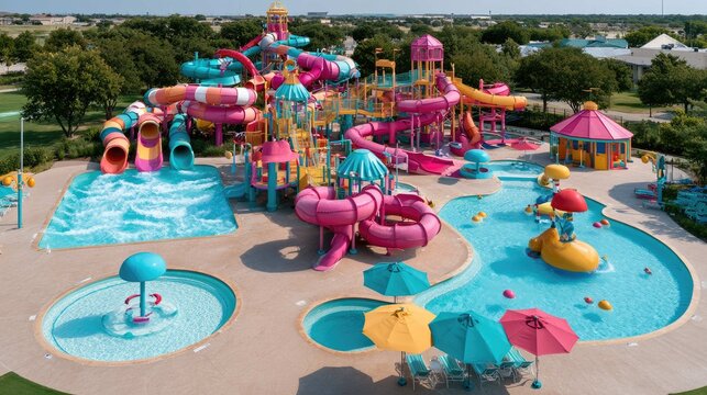 Colorful Water Park with Slides and Pools Perfect for Family Fun and Summer Adventures
