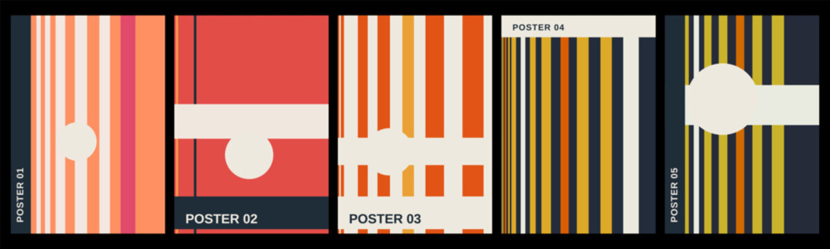 Set of five retro minimalist vertical stripe posters with warm orange red and dark blue tones and geometric circles