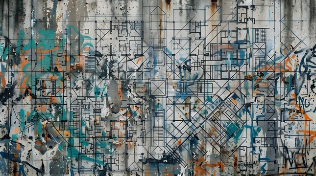 Urban street art spray paint grunge on an architectural layout grid