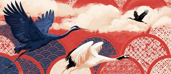 Obraz premium Elegant Cranes Flying Through a Stylized Sky with Traditional Japanese Patterns.