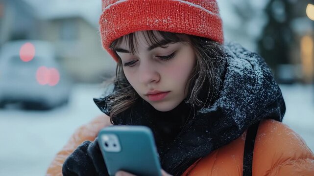 A young woman texting on her phone during a snowstorm. She wears a pink hat and an orange coat.