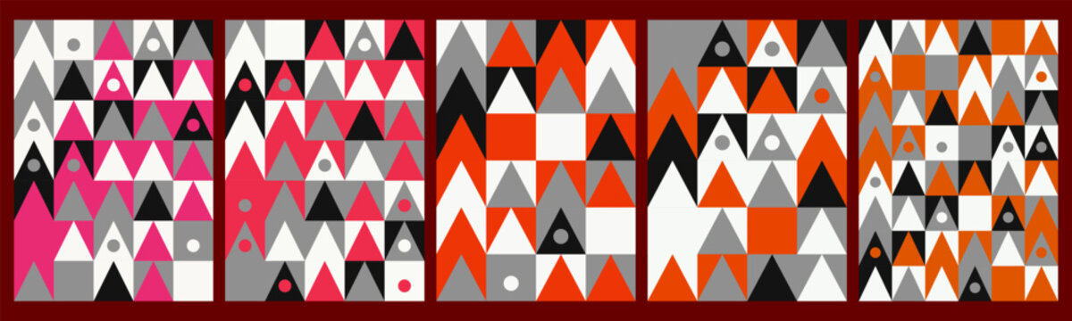 Set of five abstract geometric art prints featuring colorful repeating triangle patterns in red pink orange grey black