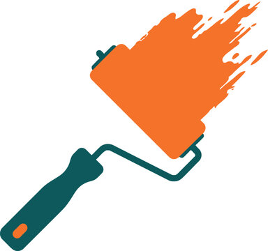 Paint roller applying bright orange paint stroke