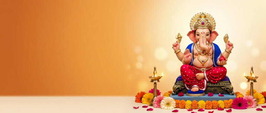 Lord Ganesha Idol with Floral Decoration and Copy Space, Spiritual Greeting Banner Design