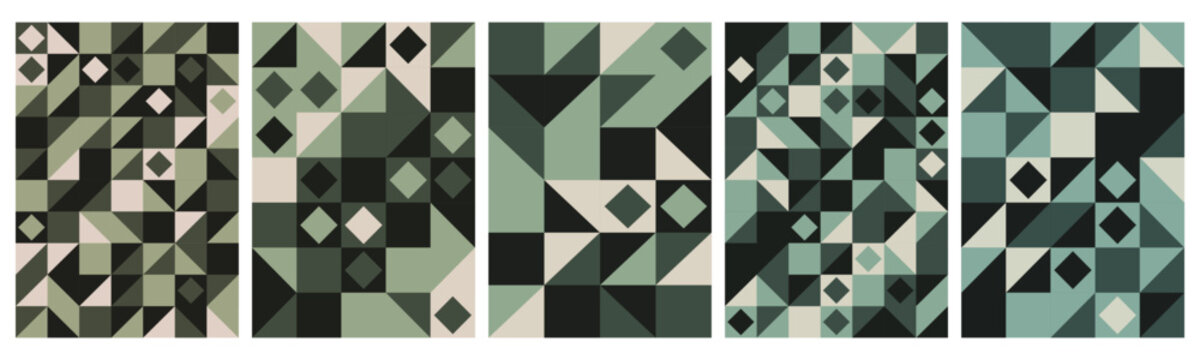 Five distinct geometric pattern posters featuring abstract triangular and diamond shapes in muted sage green and black
