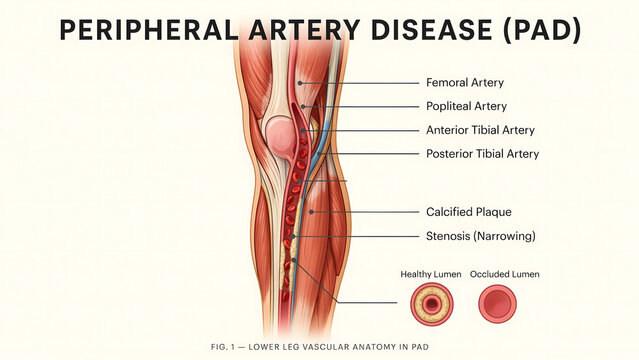 Anatomical diagram of peripheral artery disease in the human lower leg