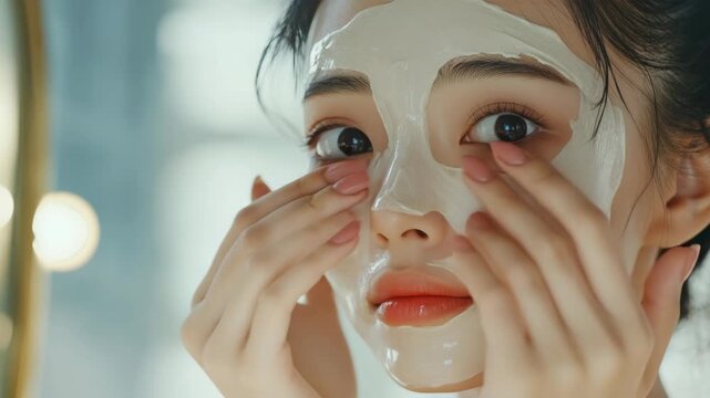 Softly glowing face mask on young woman's skin. She gently touches mask with fingertips. Gentle lighting highlights smooth, hydrated skin. Soft bokeh background adds serene atmosphere