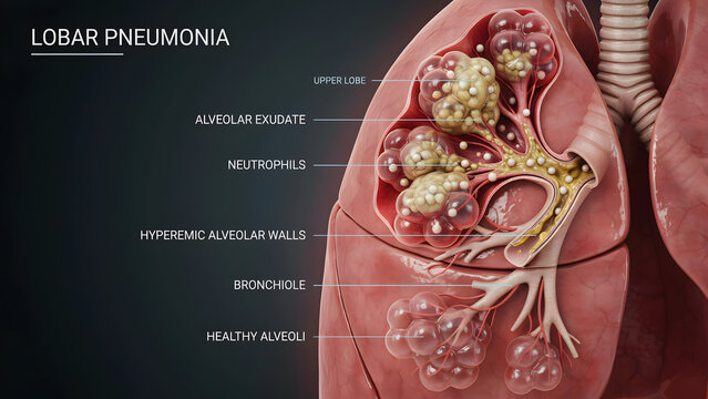 Medical illustration of lobar pneumonia showing lung inflammation and exudate