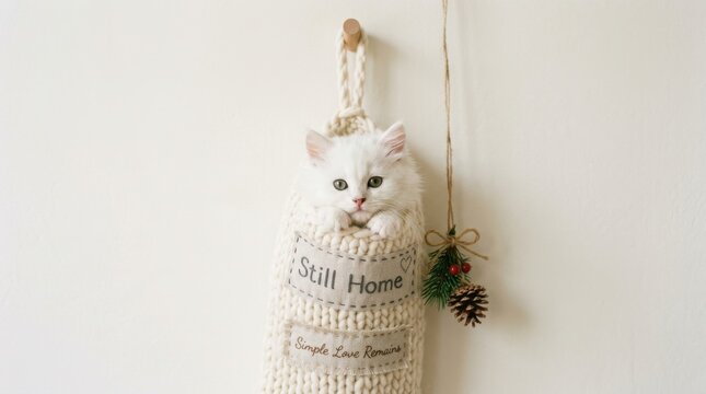 Adorable white fluffy kitten sitting inside a cozy cream knitted hanging pouch on a minimalist wall with pinecone decor. Perfect for pet lovers and cozy home aesthetic designs for commercial use here.