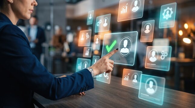 Human resources selection process, woman choosing candidate profile on futuristic touch screen