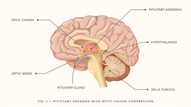 Medical illustration of a pituitary adenoma compressing the optic chiasm