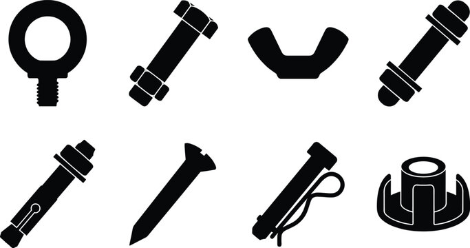 Industrial Fastener Hardware Silhouette Set with Bolts Nuts Pins and Eye Bolt Vector Icons