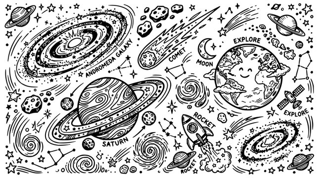 Celestial objects line drawing set with stars, planets, and galaxies featuring constellations, nebulae, and comets with cosmic background and astronomical symbols