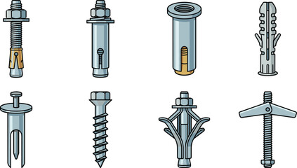 Naklejka premium Wall Anchor and Fastener Collection Vector Set with Expansion Bolts Toggle Anchors and Screws