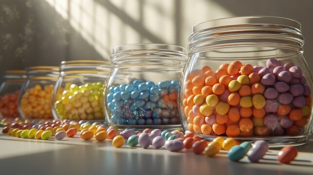 Colorful candies in glass jars