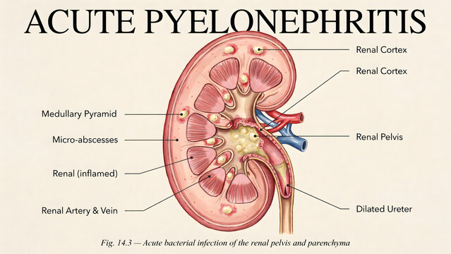 Medical illustration of acute pyelonephritis showing infected kidney anatomy
