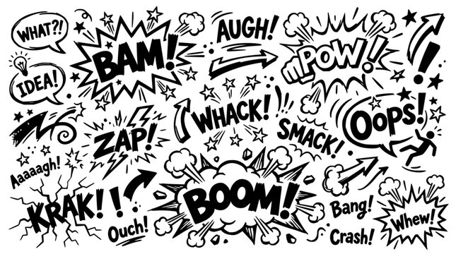 Comic sound effects and symbols set with speech bubbles, onomatopoeia, and action marks featuring explosion, zap, bang with dynamic lines and bold typography