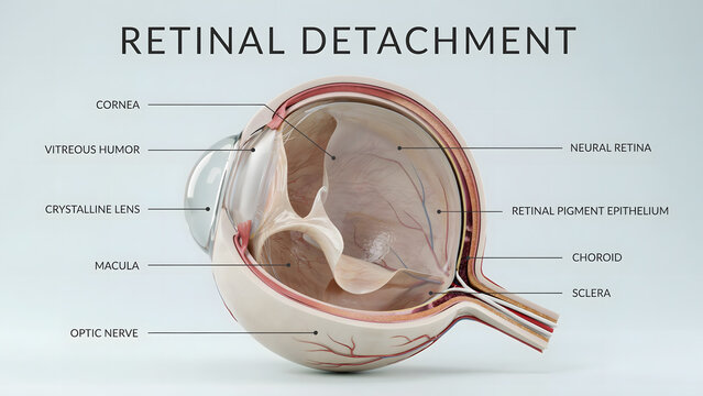 Medical illustration of retinal detachment inside the human eye structure