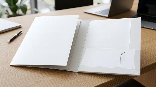Blank white folder mock-up with a sleek design, open on a wooden desk with office items.