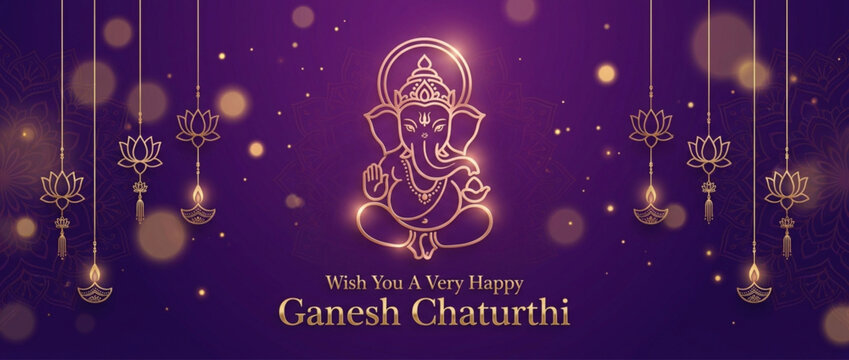 Golden Lord Ganesha Line Art on Purple Background with Hanging Lamps, Ganesh Chaturthi Greeting Banner
