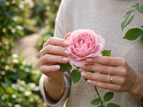 Close up of hands holding blooming pink rosebud in garden.