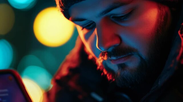 Young man focused on mobile device with colorful lights blurred background