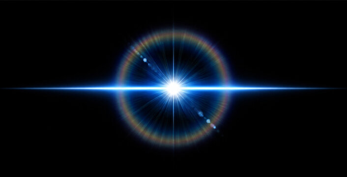 Blue lens flare PNG transparent overlay with radiant optical halo and horizontal light streak