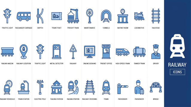 Modern railway and train transportation icon pack for logistics and transit graphics