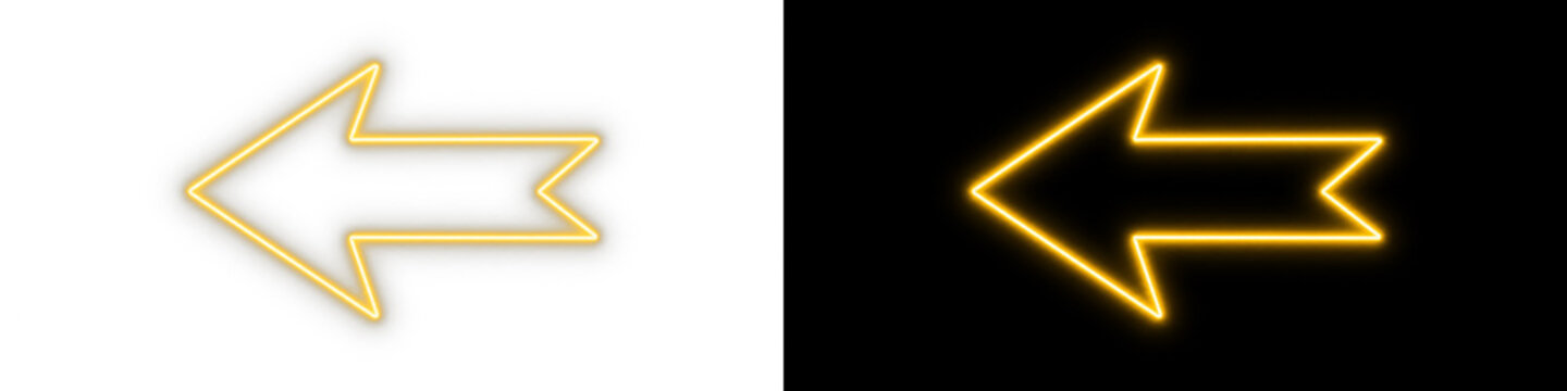 Neon golden left arrow PNG transparent overlay with glowing border, on transparent background