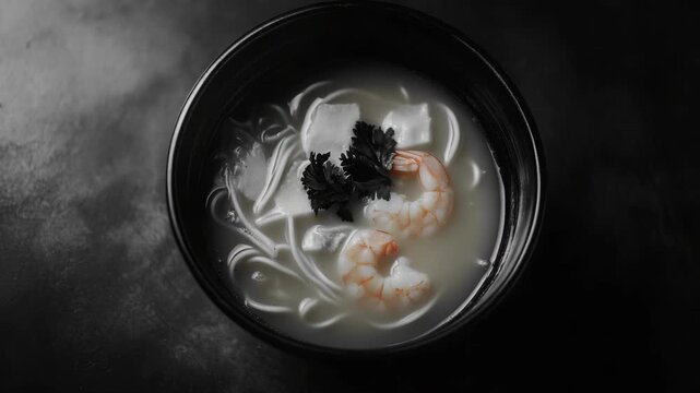 A mouth-watering dish featuring a bowl filled with noodles, shrimp, and herbs in a broth.