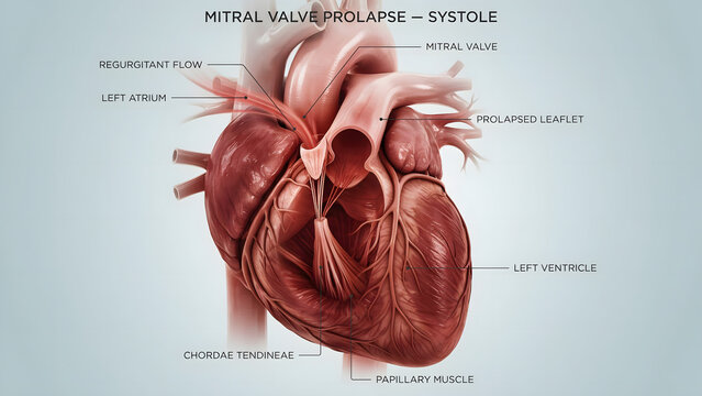 Anatomical illustration of a human heart with mitral valve prolapse