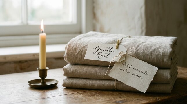 Folded linen textiles stack rests on a rustic wooden table beside a glowing candle and descriptive paper tags by a bright window. This serene composition promotes a peaceful and relaxing